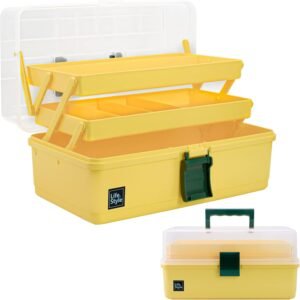 Opbergbox met 3 Lagen en Uittrekbare Trays – Kunststof Organizer met Compartimenten – Gereedschapskist Naaidoos en Medicijnbox – 33 cm Geel