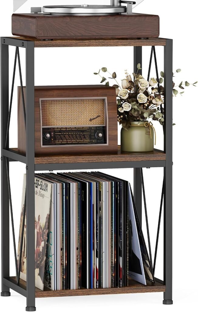 Platenspeler stand met 3-laags zijkast en vinyl opbergkast voor LP’s, turntable meubel voor woonkamer en slaapkamer opslag