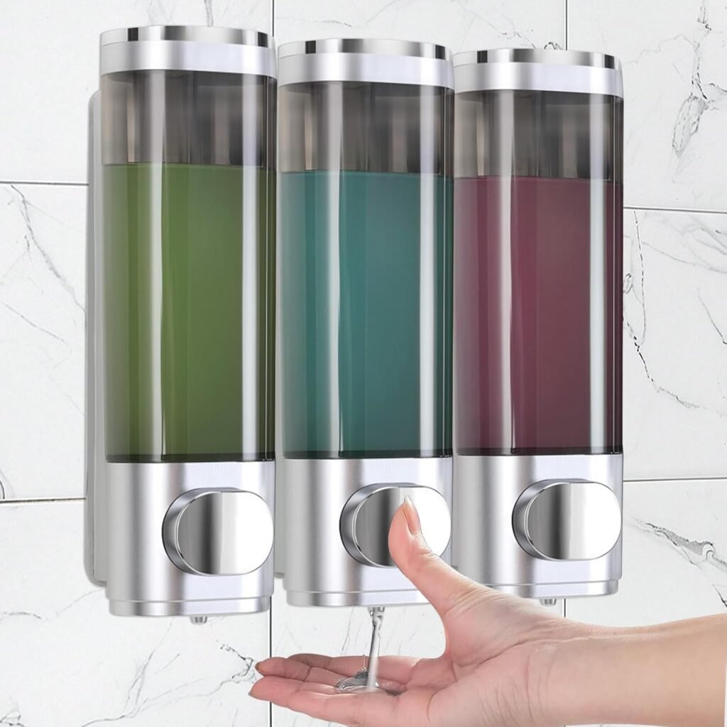 Zeepdispenser wandmontage zonder boren met 3x300 ml navulbare flacons voor shampoo en douchegel in chroom badkamer uitvoering