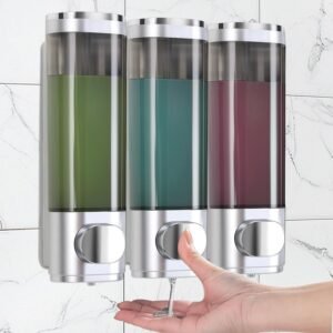Zeepdispenser wandmontage zonder boren – Shampoo & douchegel dispenser badkamer – 3-vaks navulbaar 3×300 ml – Chroom uitvoering