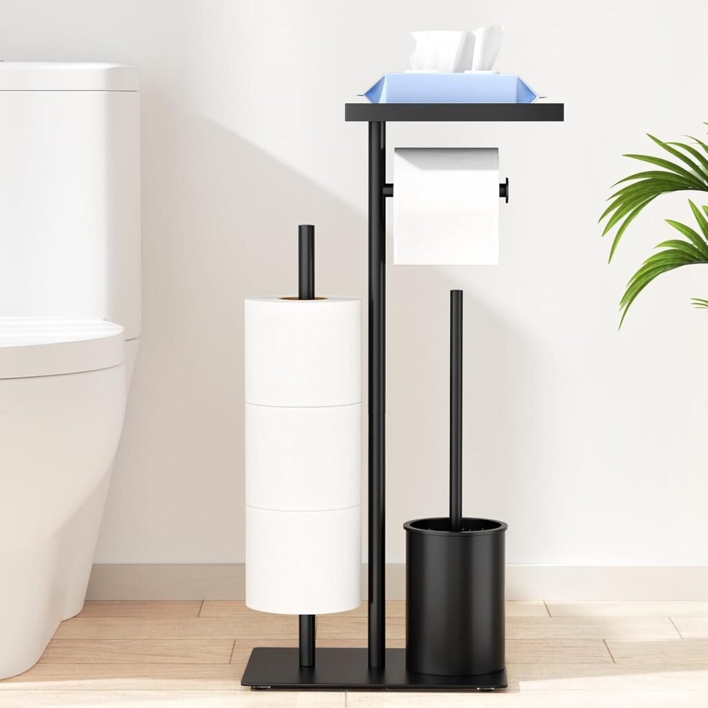 Staande toiletpapierhouder met toiletborstel en natdoekjes box, RVS badkamer accessoire set met vervangrolhouder en modern vrijstaand design