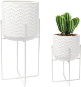 Bloempotten met standaard set van 2 – Metalen plantenhouders binnen buiten – Decoratieve plantenzuilen modern – 31 cm en 45 cm