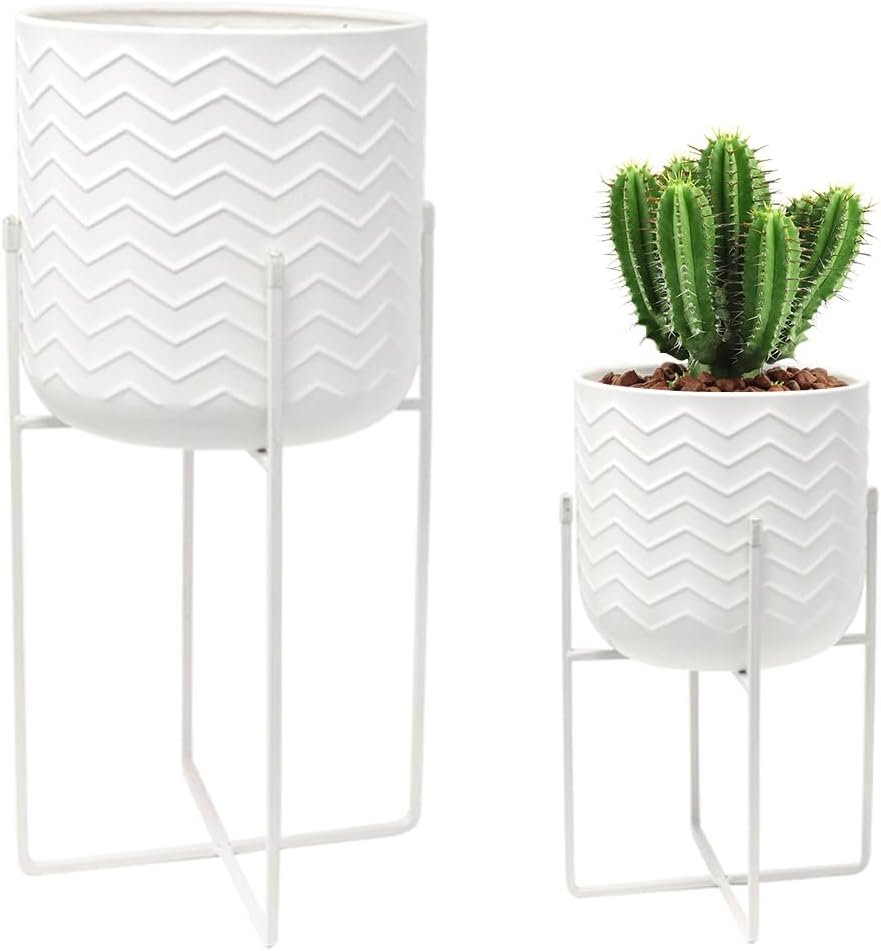 Set van 2 metalen bloempotten met standaard wit voor binnen en buiten 31 en 45 cm plantenhouders tuin balkon decoratie