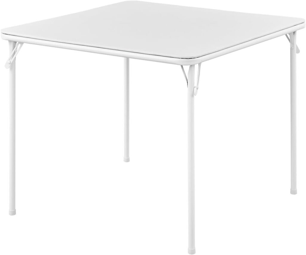 Vouwbare witte tafel 85 cm vierkant met vinyl blad en inklapbare poten draagbare eetkamertafel voor binnen en buiten gebruik