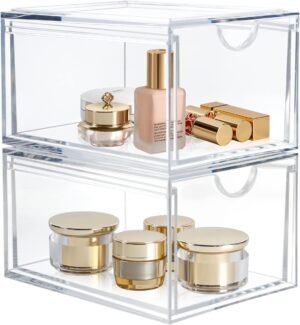 Compacte cosmetica organizer set van 2 met acryl lades voor make-up, huidverzorging en haaraccessoires op badkamer of kaptafel