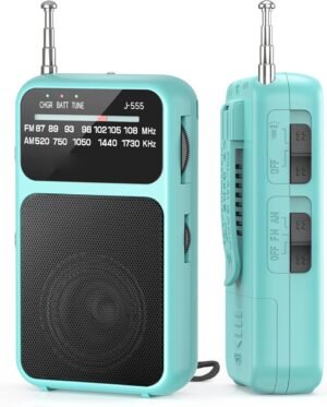 Draagbare FM AM radio blauw - oplaadbare mini transistorradio met telescopische antenne en USB opladen voor thuis en buitengebruik