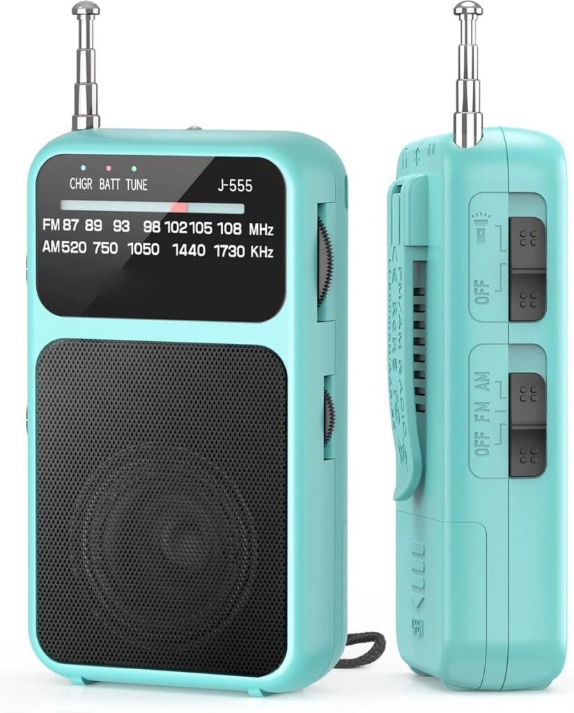Draagbare FM AM radio blauw - oplaadbare mini transistorradio met telescopische antenne en USB opladen voor thuis en buitengebruik