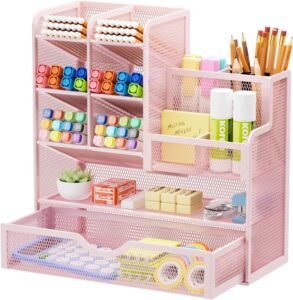 Bureau Organizer met Lade – Mesh Pennenhouder voor Bureauopslag – Desktop Organizer voor Thuis en Kantoor – Roze Uitvoering