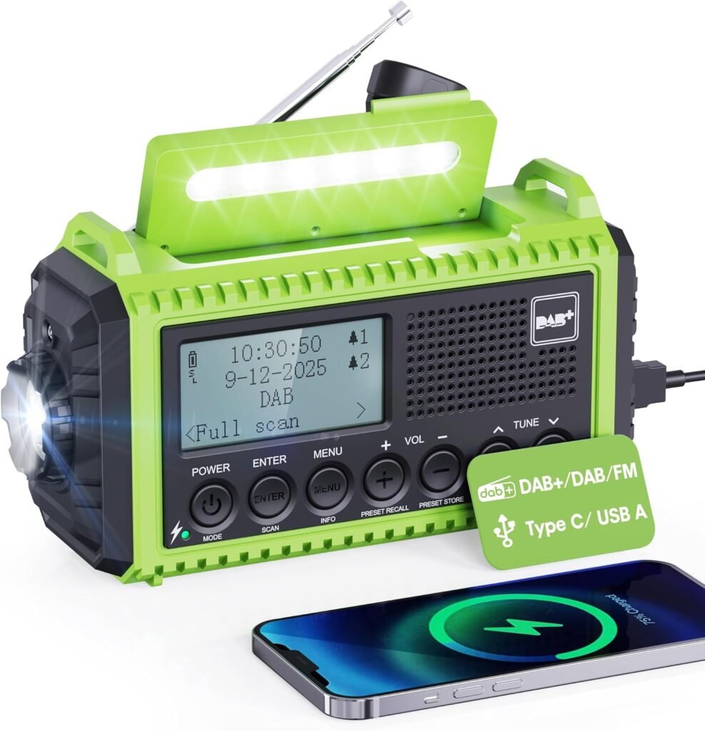 DAB+ bouwradio met zaklamp en zonne-energie, draagbare noodradio met 5000mAh accu en SOS alarm voor outdoor en camping