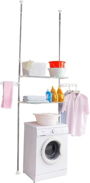 Opbergrek boven toilet met dubbele spanningstangen, verstelbare badkamer organizer en ruimtebesparend wasrek voor kleding en badkameraccessoires in zwart ivoor.