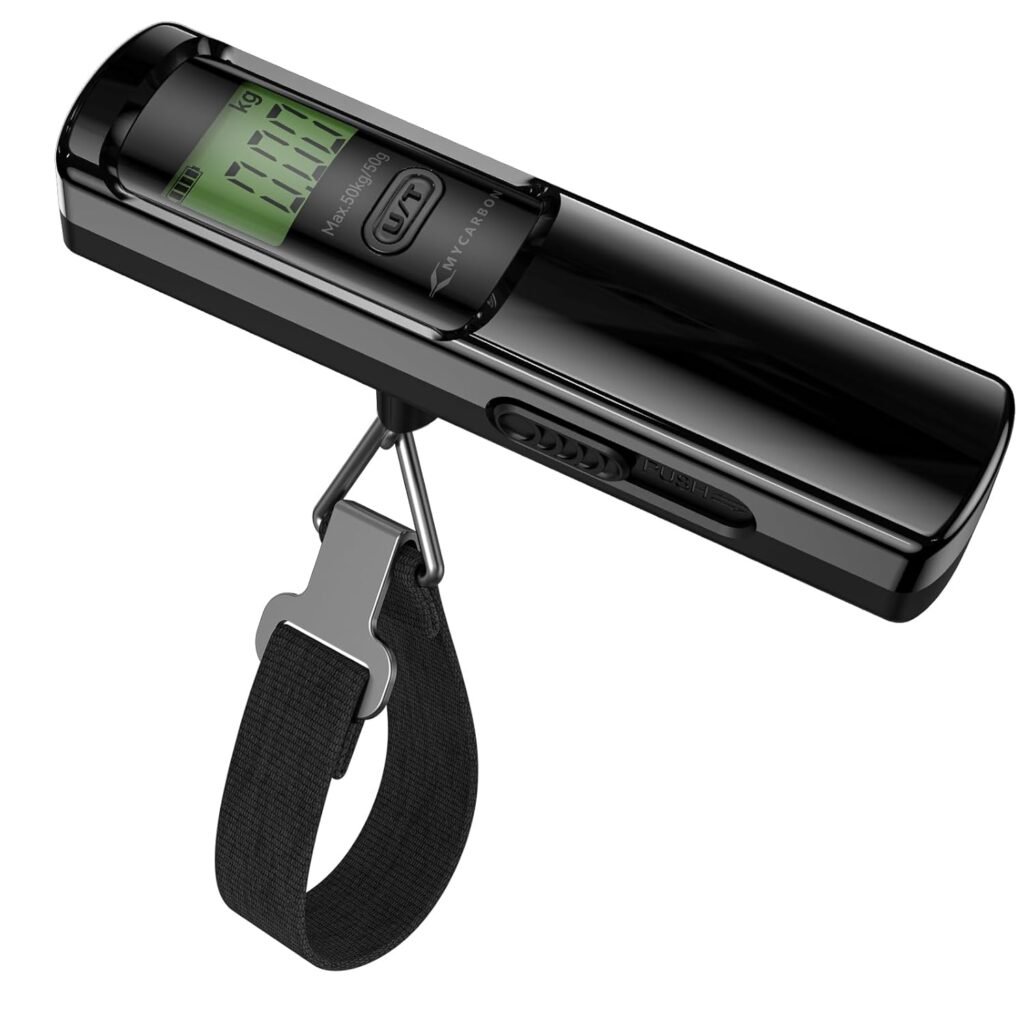 Digitale bagageweegschaal tot 50 kg met LCD scherm en achtergrondverlichting, compacte kofferweegschaal voor reizen in zwart.
