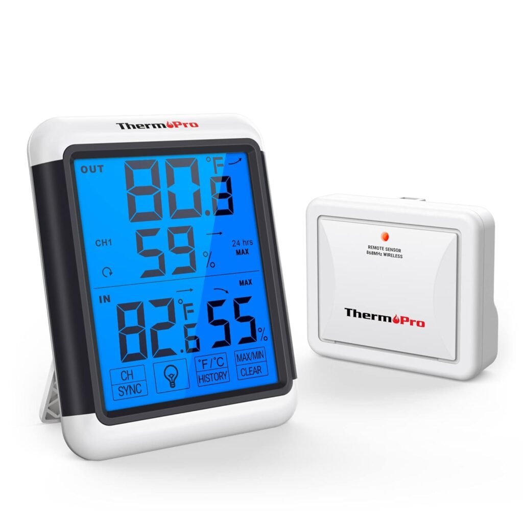 Digitale draadloze hygrometer en thermometer met touchscreen, temperatuur- en luchtvochtigheidsmeter en bereik tot 150 meter voor binnengebruik.
