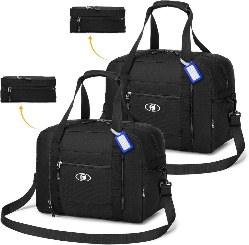 Reistas handbagage 40x30x20 cm van waterdicht nylon, opvouwbare 25L weekender en schoudertas voor cabinebagage in zwart.