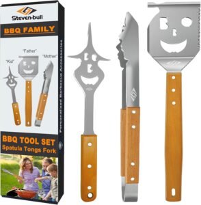 BBQ Gereedschapsset 3-delig – Barbecue Toolset met Spatel Tang en Vork – RVS Grillaccessoires voor Buiten Koken – Cadeau voor BBQ Liefhebbers