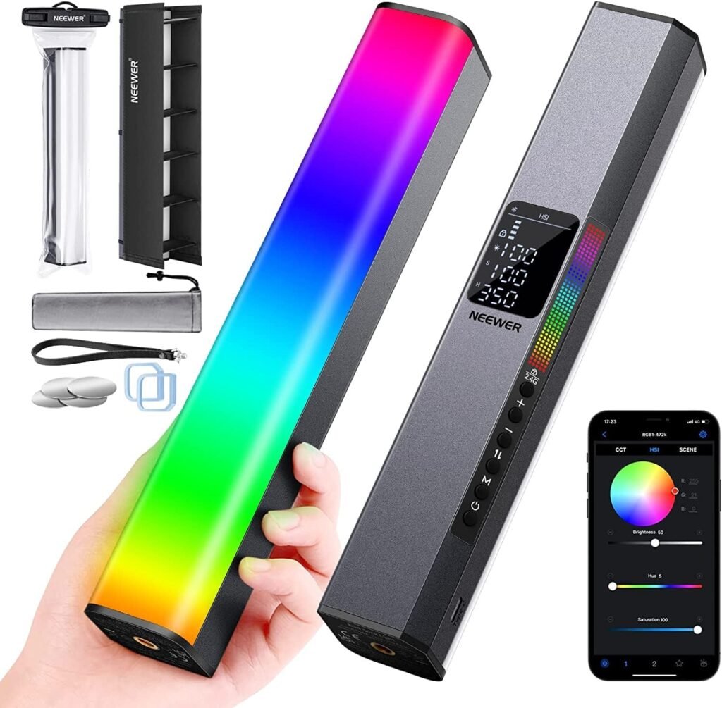 LED videolamp RGB lichtstaaf met app bediening, magnetische LED lichtbalk, full colour verlichting, 17 lichtscènes en oplaadbare 6400mAh batterij voor foto- en videografie.