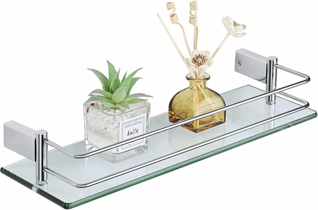 gehard glazen badkamer wandplank met RVS ophangsysteem, 8 mm zwevende glazen plank voor badkamer opbergruimte