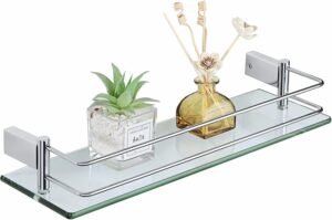 Glazen wandplank 40 cm – Gehard glas badkamer plank – Zwevende wandplank met RVS ophangsysteem – 8 mm dik glas