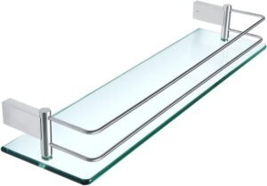 Glazen Wandplank 50 cm – Zwevende Badkamerplank met RVS Reling – Gehard Glas 8 mm Dik – Geborstelde Afwerking