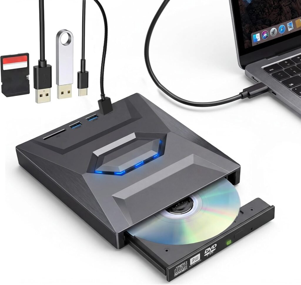 Externe CD DVD Drive USB 3.0 Type-C met DVD Brander, SD TF Kaartlezer en USB Poorten voor Laptop en Desktop
