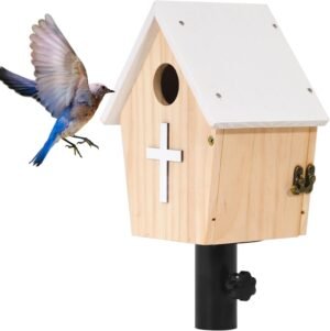 Houten vogelhuis kerstijl met kijkvenster en ophangsysteem voor tuinvogels, zwaluwen en winterkoningen