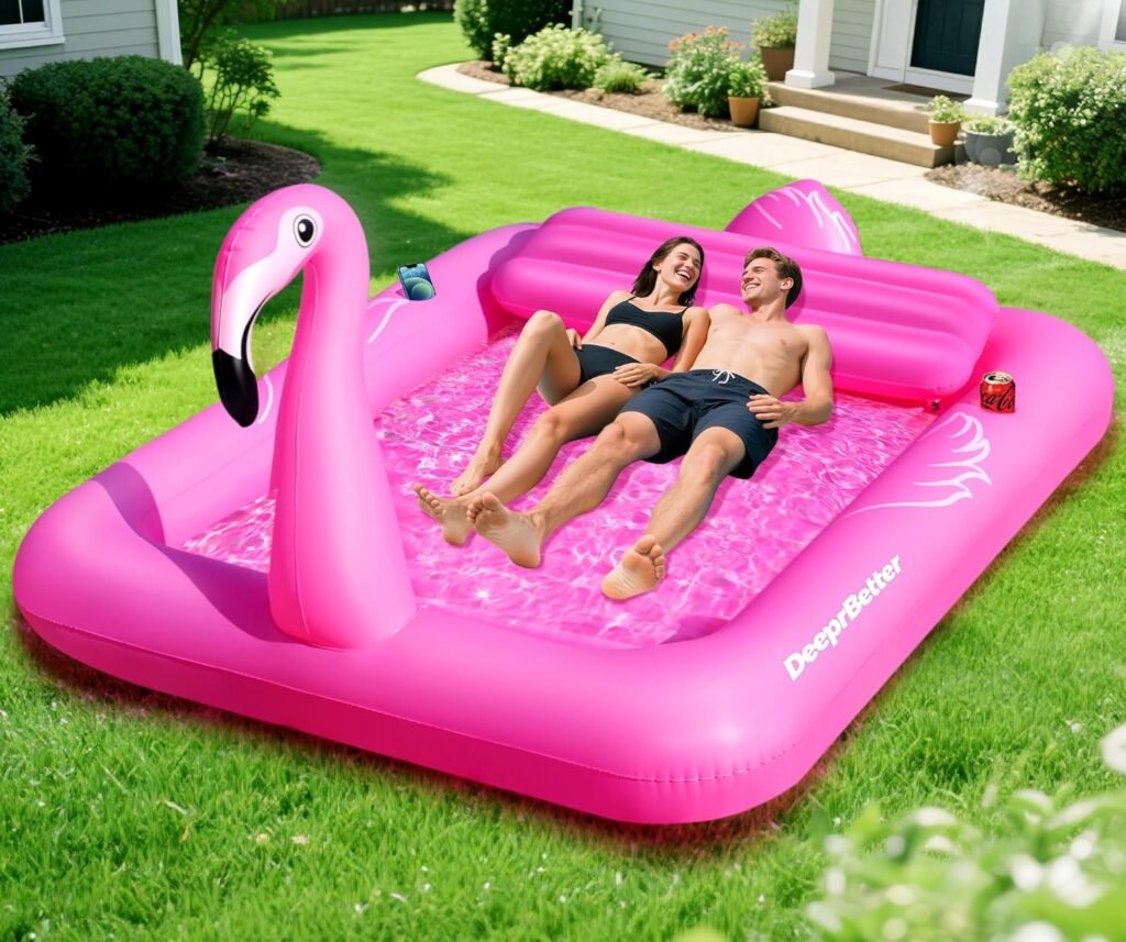 Opblaasbaar flamingo luchtbed met kussen en bekerhouder 205x150 cm voor zwembad, drijvend lounge matras voor volwassenen en relaxen
