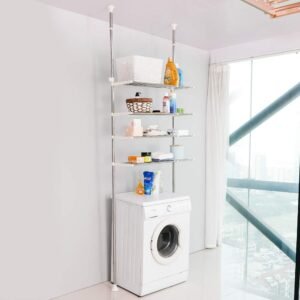 Over toilet opbergrek badkamer organizer – ruimtebesparend wasmachine rek – verstelbare hoogte en breedte – dubbele spanstangen ivoor