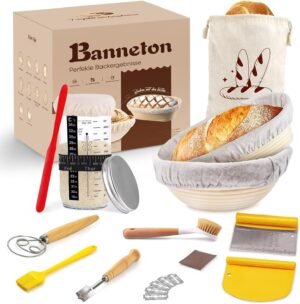 Kookmand broodset met 2 rijsmanden voor zuurdesem bakken ronde 23 cm en ovale 25 cm rieten deegmand starterset voor broodbereiding