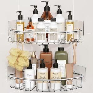Hoek douche caddy zelfklevend – Badkamer organizer met verplaatsbare haken – SUS304 roestvrij staal wandrek zonder boren – 2-pack