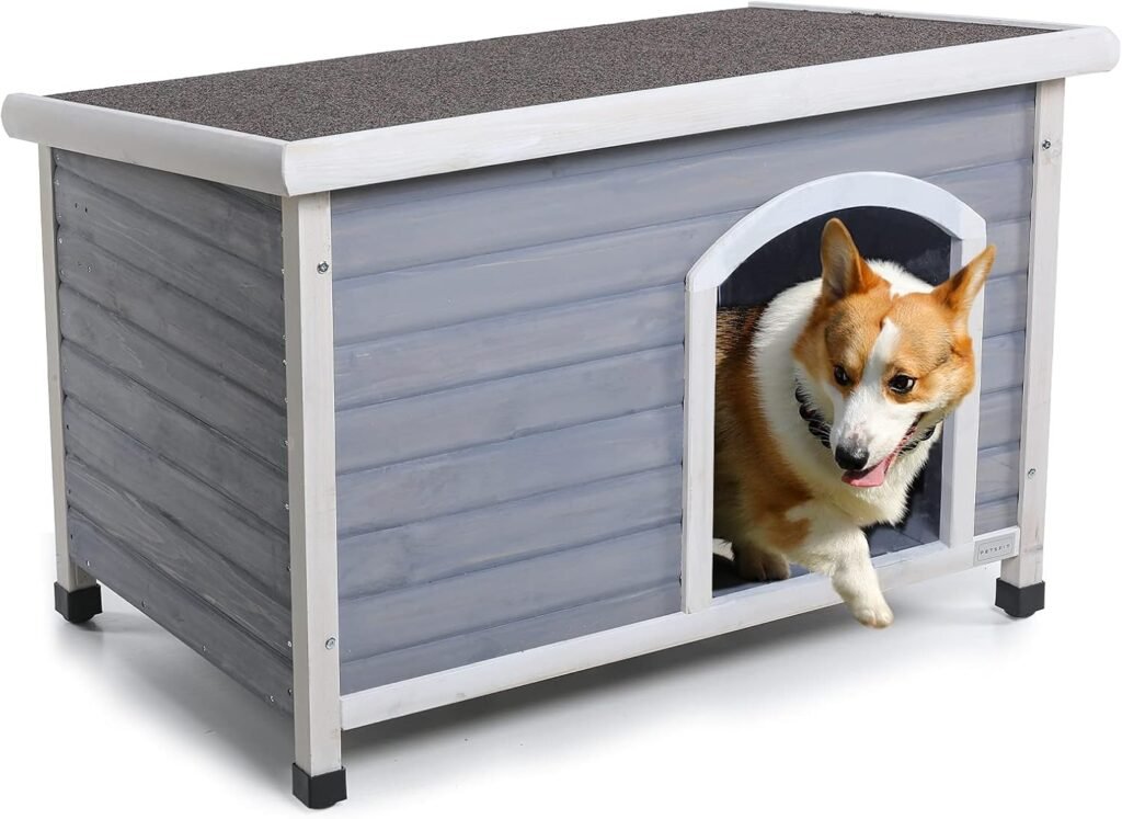 compact SEO geoptimaliseerd houten hondenhok met verwijderbare bodem grijs 96x61x70 cm buiten hondenhuis zadelkap weerbestendig voor grote honden