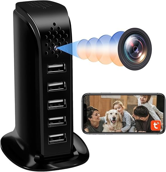 Verborgen camera met WiFi in USB oplader met 5 poorten, HD 1080P mini spycamera met bewegingsdetectie en beveiligingsfunctie.
