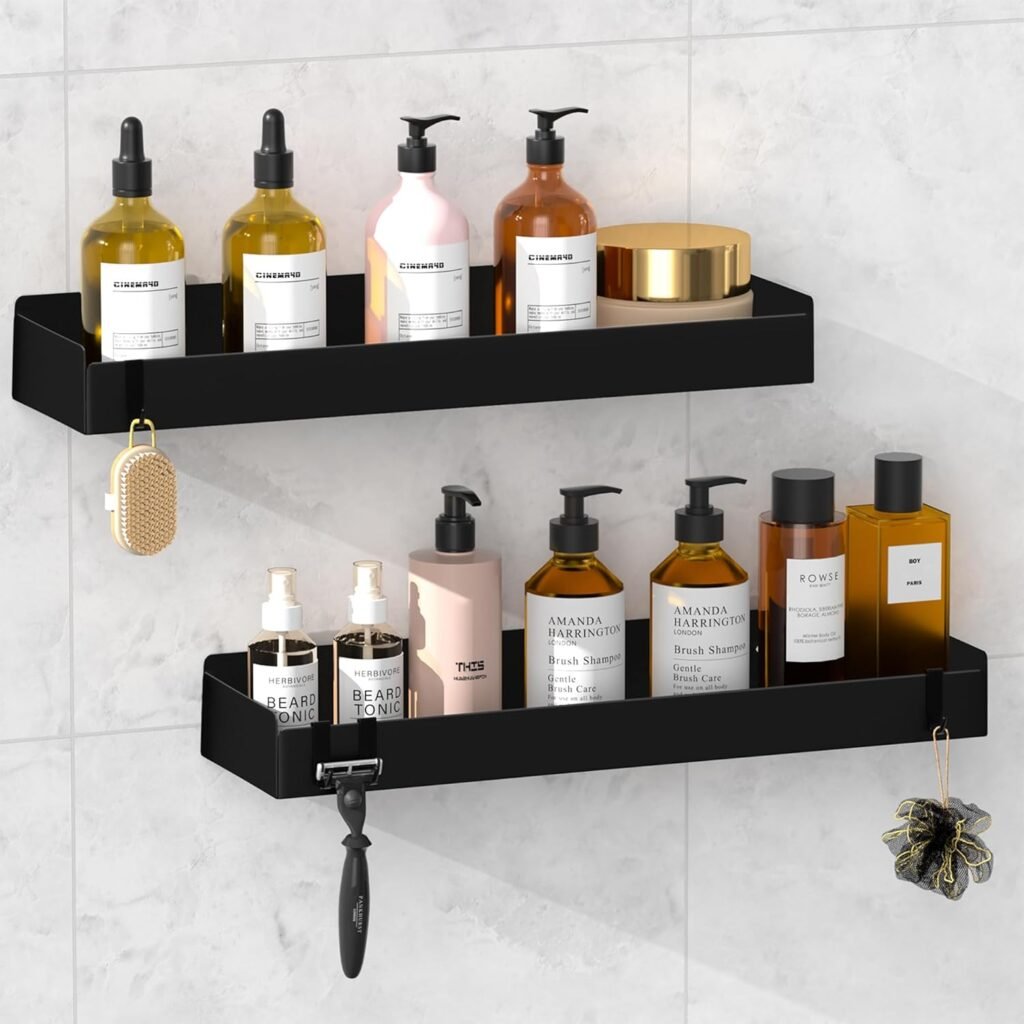 Douche caddy 40 cm zwart metaal wandbevestiging zonder boren voor shampoo en badkameropslag set van 2