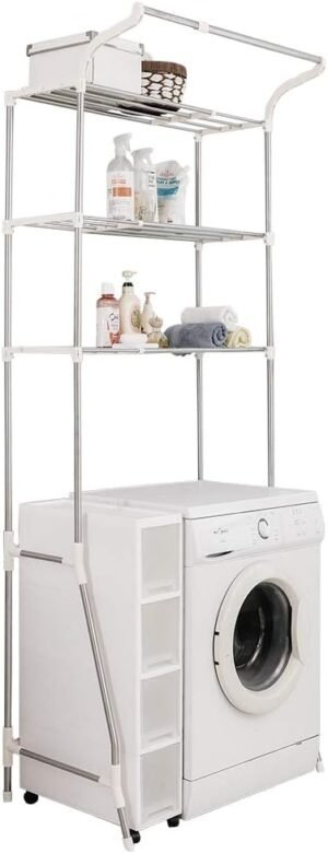 3-laags wasmachine opbergrek met verstelbare breedte en kledinghanger voor badkamer, toilet en wasruimte 58-95 x 49,5 x 210 cm ivoor