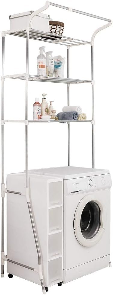 3-laags wasmachine opbergrek met verstelbare breedte en kledinghanger voor badkamer, toilet en wasruimte 58-95 x 49,5 x 210 cm ivoor