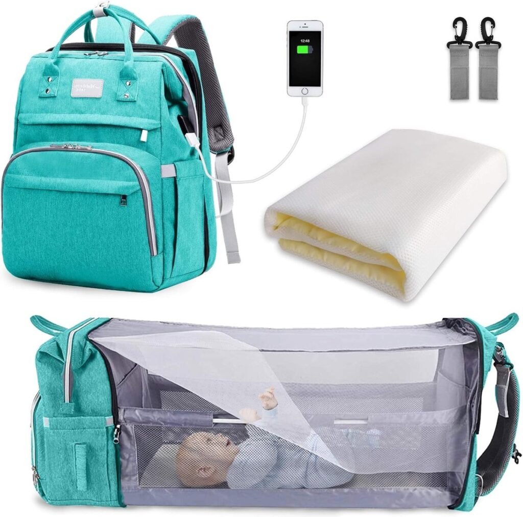 Mintgroene luiertas rugzak met grote capaciteit, opvouwbaar babybed, schaduwdoek en geïsoleerde flessenvakken voor baby's en reizen.