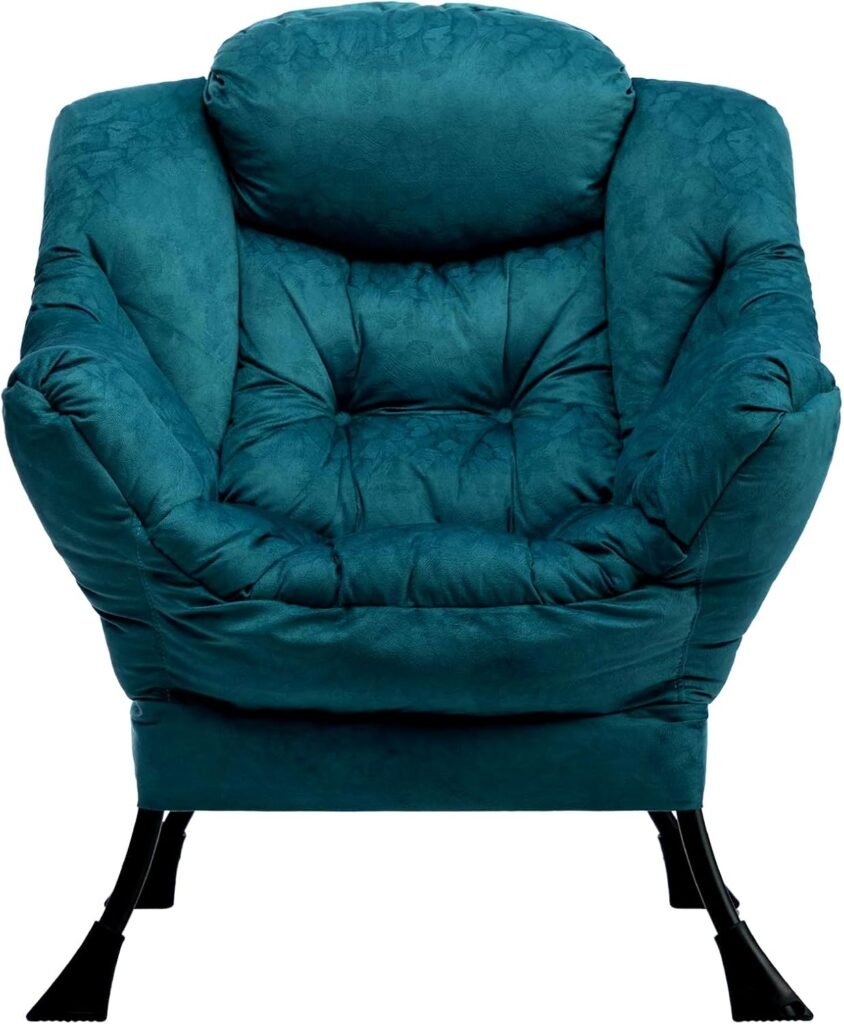 Relaxfauteuil met armleuningen in blauwgroene kleur voor woonkamer, slaapkamer of kantoor met stalen frame en comfortabele zitting