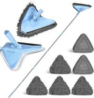 Muurmop met lange steel en draaibare kop voor plafond, vloer en plinten met microvezel en chenille doeken voor nat en droog reinigen