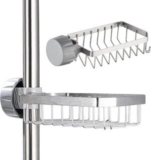Doucheplank zonder boren RVS doucherek met zeepbakje en sponshouder verstelbare douche organizer voor badkamer stang 18-32 mm