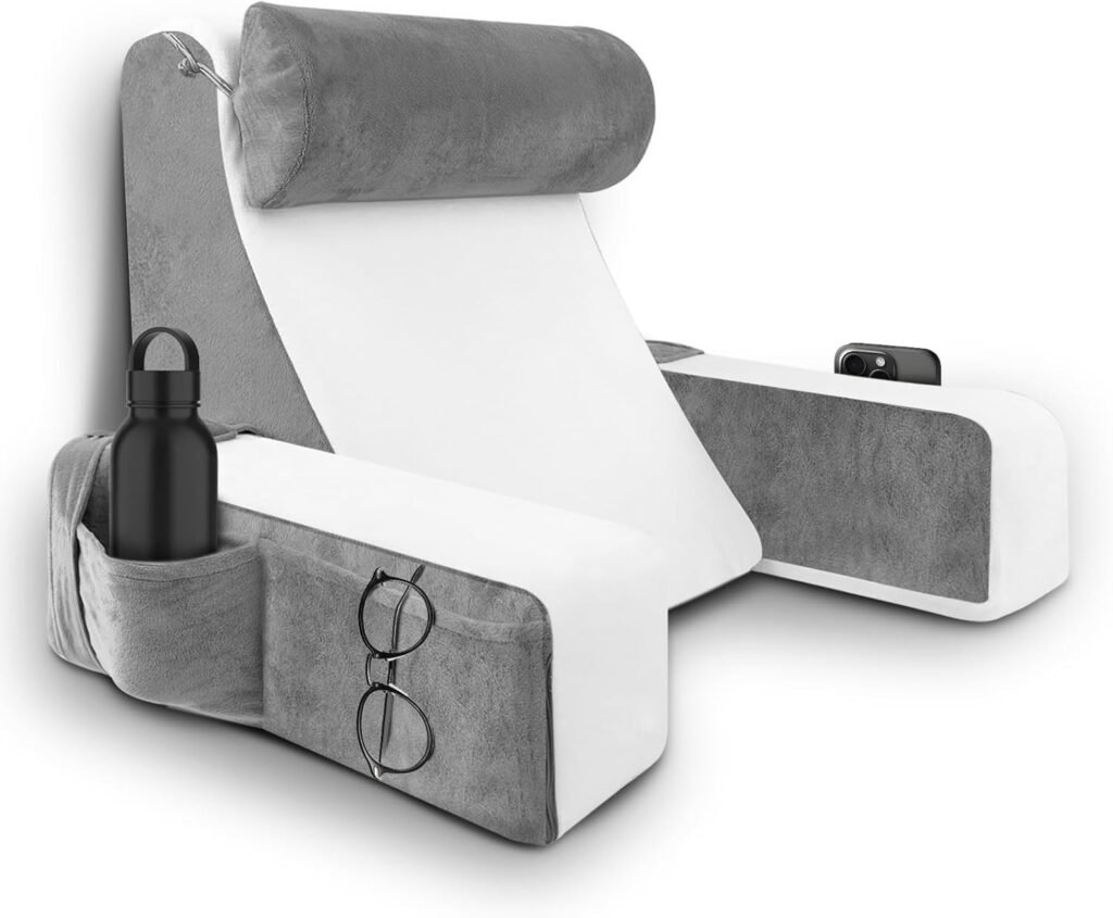 Rugsteunkussen met armleuningen en nekrol - wigvormig leeskussen voor bed en bank - multifunctioneel rugkussen lezen en tv kijken - 65x45x35 cm wasbare hoes