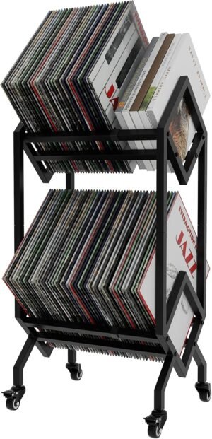 LP platenrek met wieltjes verplaatsbare vinyl opslag, mobiele LP display stand en organizer voor platen en kantoorbestanden