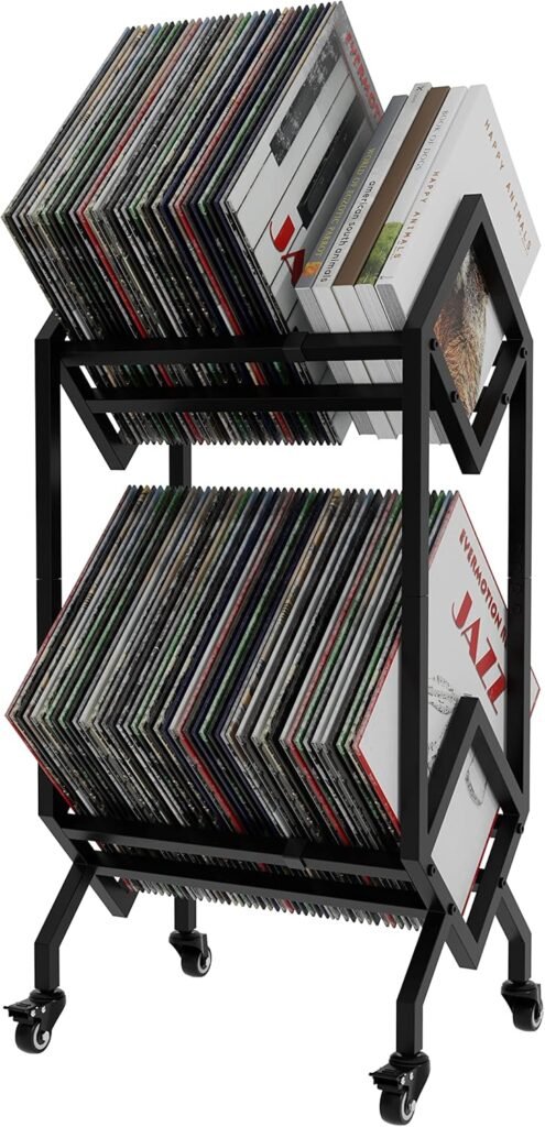 LP platenrek met wieltjes verplaatsbare vinyl opslag, mobiele LP display stand en organizer voor platen en kantoorbestanden