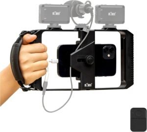 Smartphone Video Rig met Draadloze Afstandsbediening – Vlog Stabilizer Handheld Cage – 3 Cold Shoe Mount – Voor Filmen en YouTube Content Creator