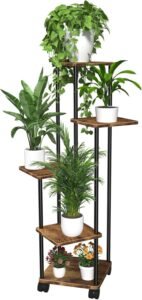 Houten plantenstandaard 5 niveaus – bloemenrek op wielen – multifunctionele plantentrap binnen en buiten – plantenrek tuin en balkon
