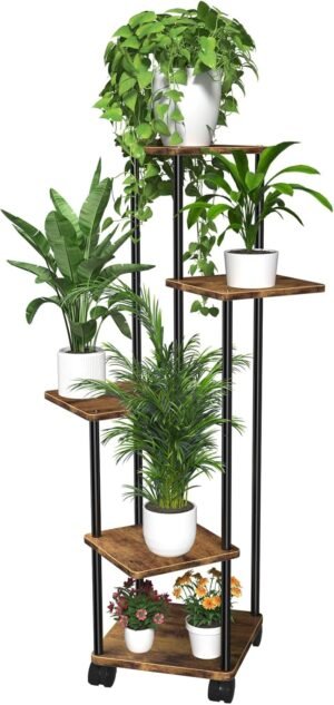 Houten bloemenstandaard 5 niveaus plantenrek op wielen plantentrap voor binnen en buiten tuin balkon multifunctioneel