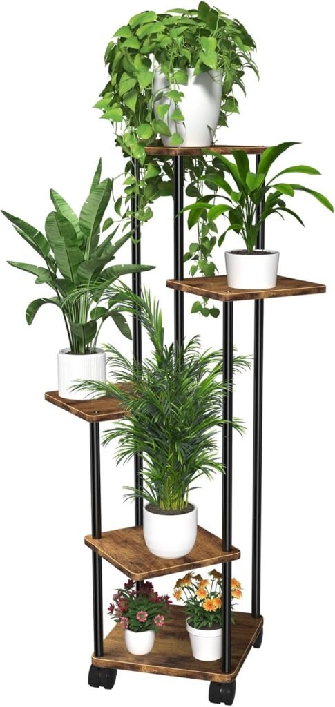 Houten bloemenstandaard 5 niveaus plantenrek op wielen plantentrap voor binnen en buiten tuin balkon multifunctioneel