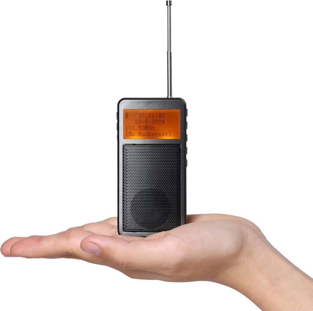 Draagbare mini FM radio met Bluetooth 5.3 en MP3 functie met oplaadbare Type-C batterij en alarmklok in grijze uitvoering