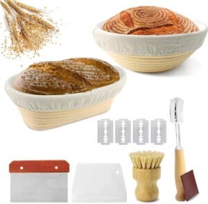 Banneton broodbakset – Rijsmanden broodrijzen – Natuurlijk riet set met inzet, schraper, borstel – 23 cm rond 25 cm ovaal