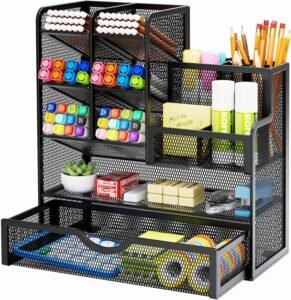 Bureau organizer set met lade en vakken – Metalen pennenhouder kantoor en thuis – Multifunctionele bureau accessoire zwart – 26x23x10 cm