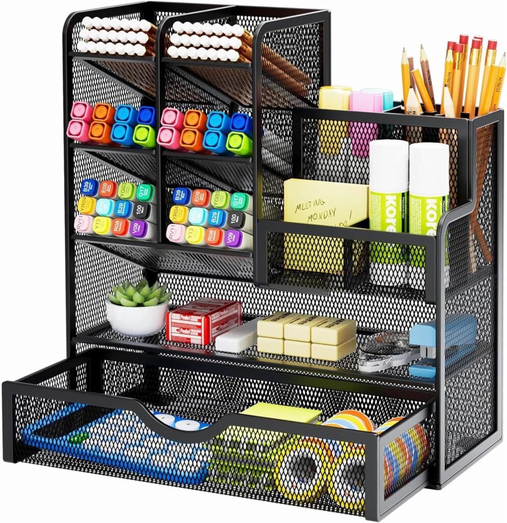 Bureau organizer met lade en vakken metalen mesh zwart 26x23x10 cm multifunctionele pennenhouder kantoor en thuis bureau accessoire compacte opberger