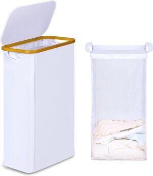 Wasmand 60 liter bamboe met deksel smal vouwbaar wasverzamelaar verwijderbare binnenzak wit