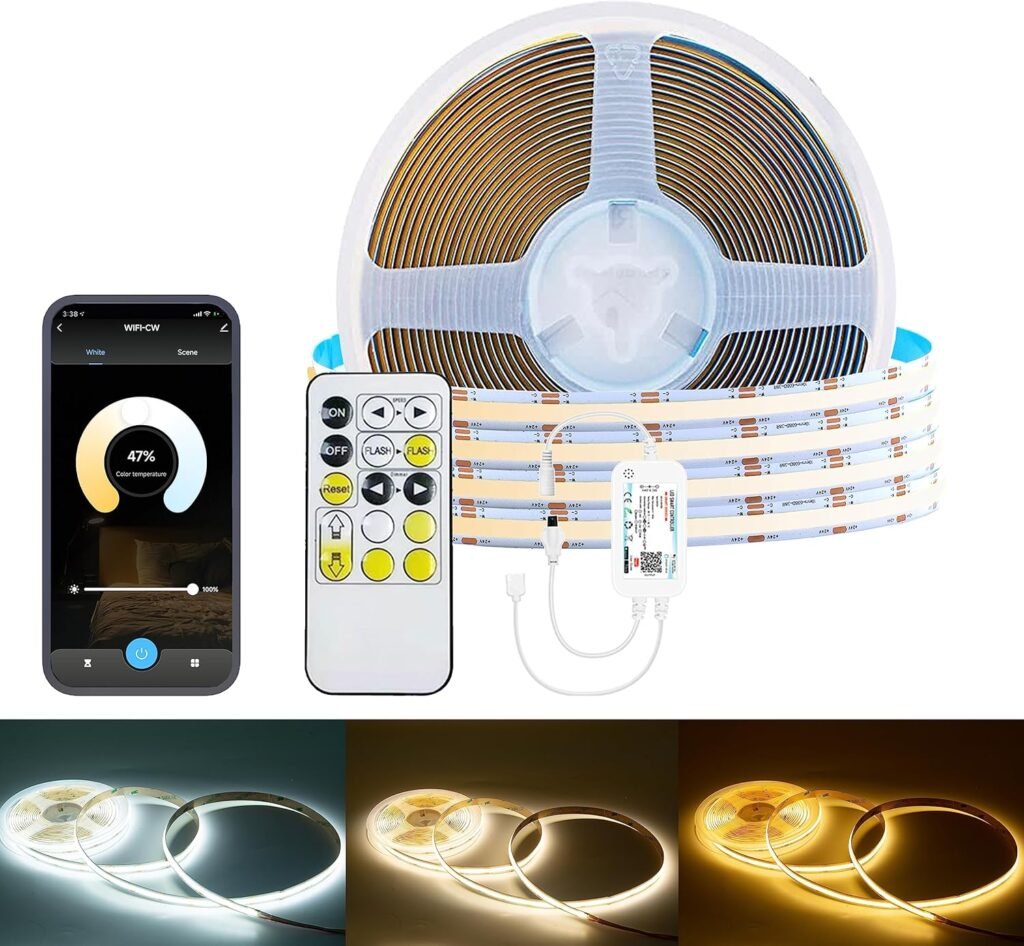 WiFi COB LED strip 5m dimbaar CCT 2700K-6500K 24V slimme verlichting app Alexa Google Home CRI90 witte lichtstrip